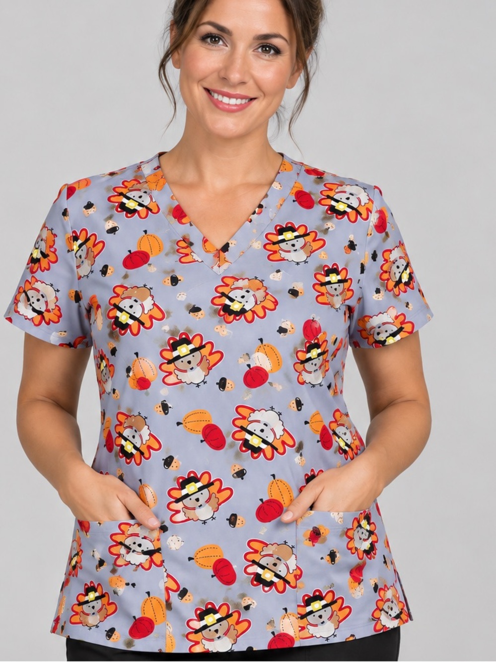 Women’s Large Butter-Soft Thanksgiving Print Scrub Top